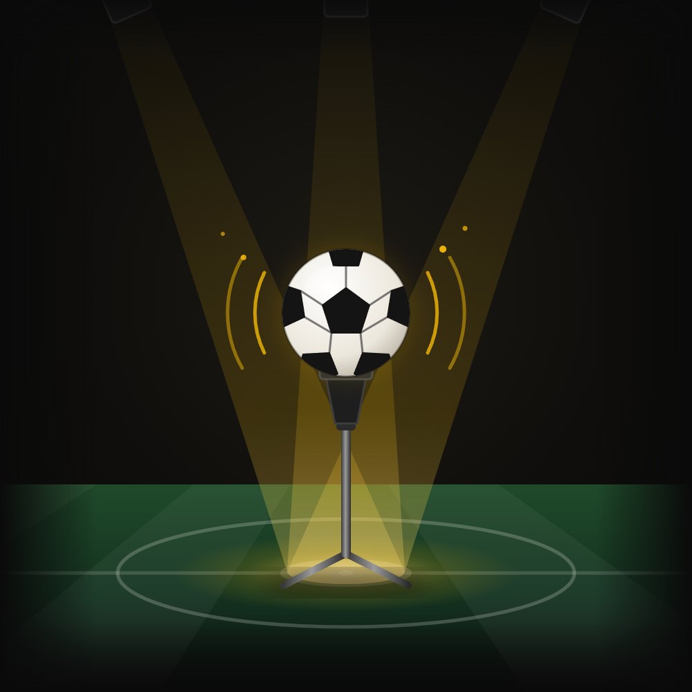 Tegning av en mikrofon på stativ der mikrofonhodet er en fotball. Tre lyskjegler møtes over midtsirkelen på en fotballbane.