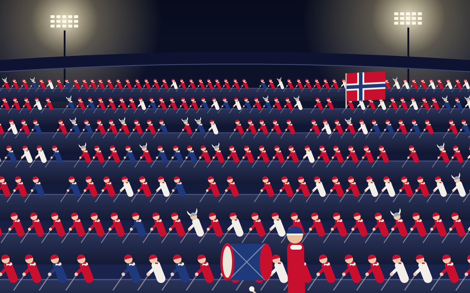 Tegning av en tribune i flomlys der rader med supportere i rødt, hvitt og blått sitter og ror i takt, med en trommeslager foran og et norsk flagg i bakgrunnen