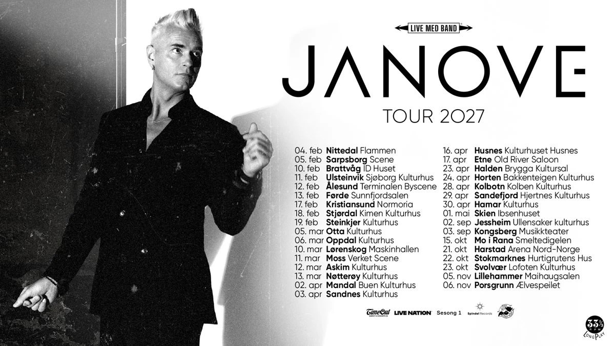 Turnéplakaten for Janove Tour 2027, med Janove i svart-hvitt og alle de 33 datoene