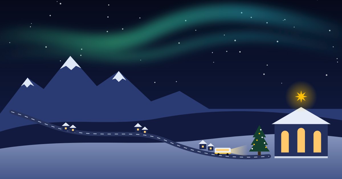 Tegning av en turnébuss på vei gjennom snøen mot et opplyst kulturhus
